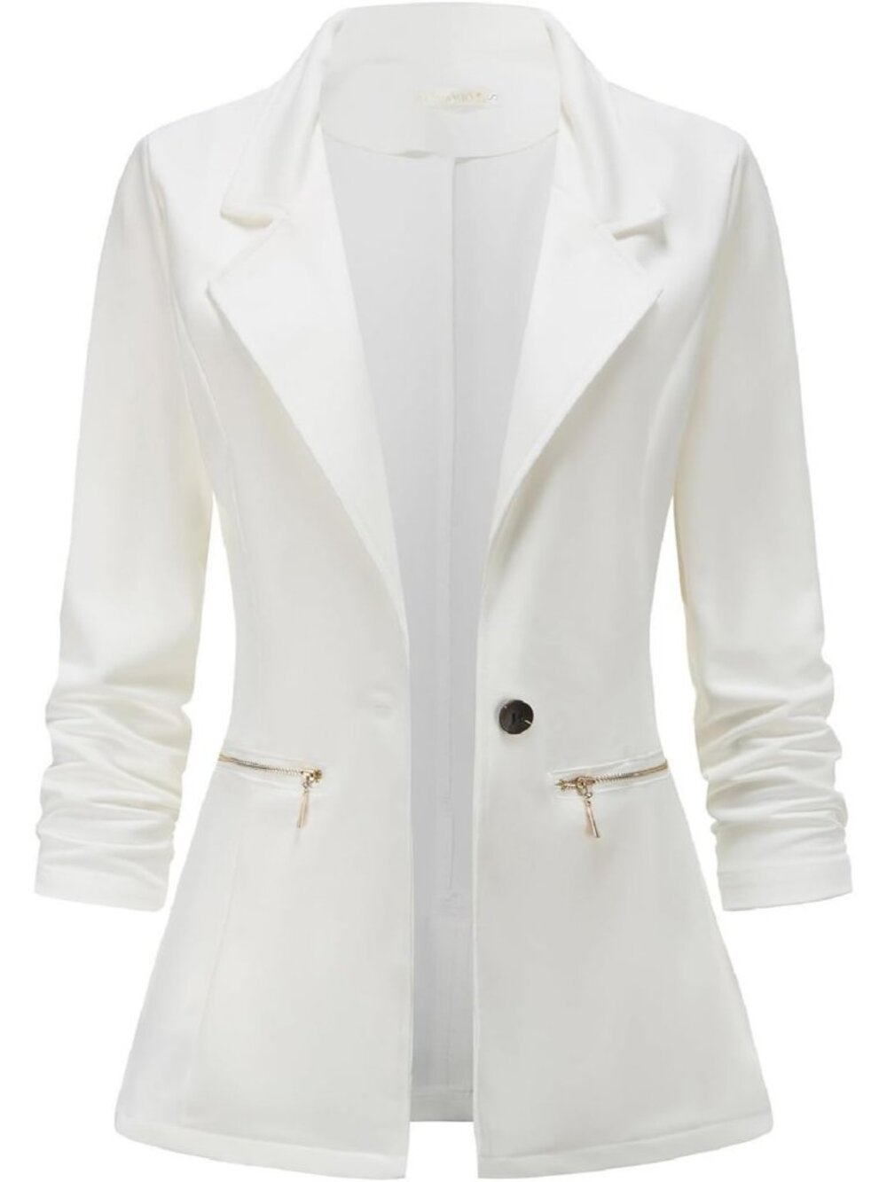 Women's Off-White Stretch Long Sleeve Single Button Gold Zipper Pockets Jacket